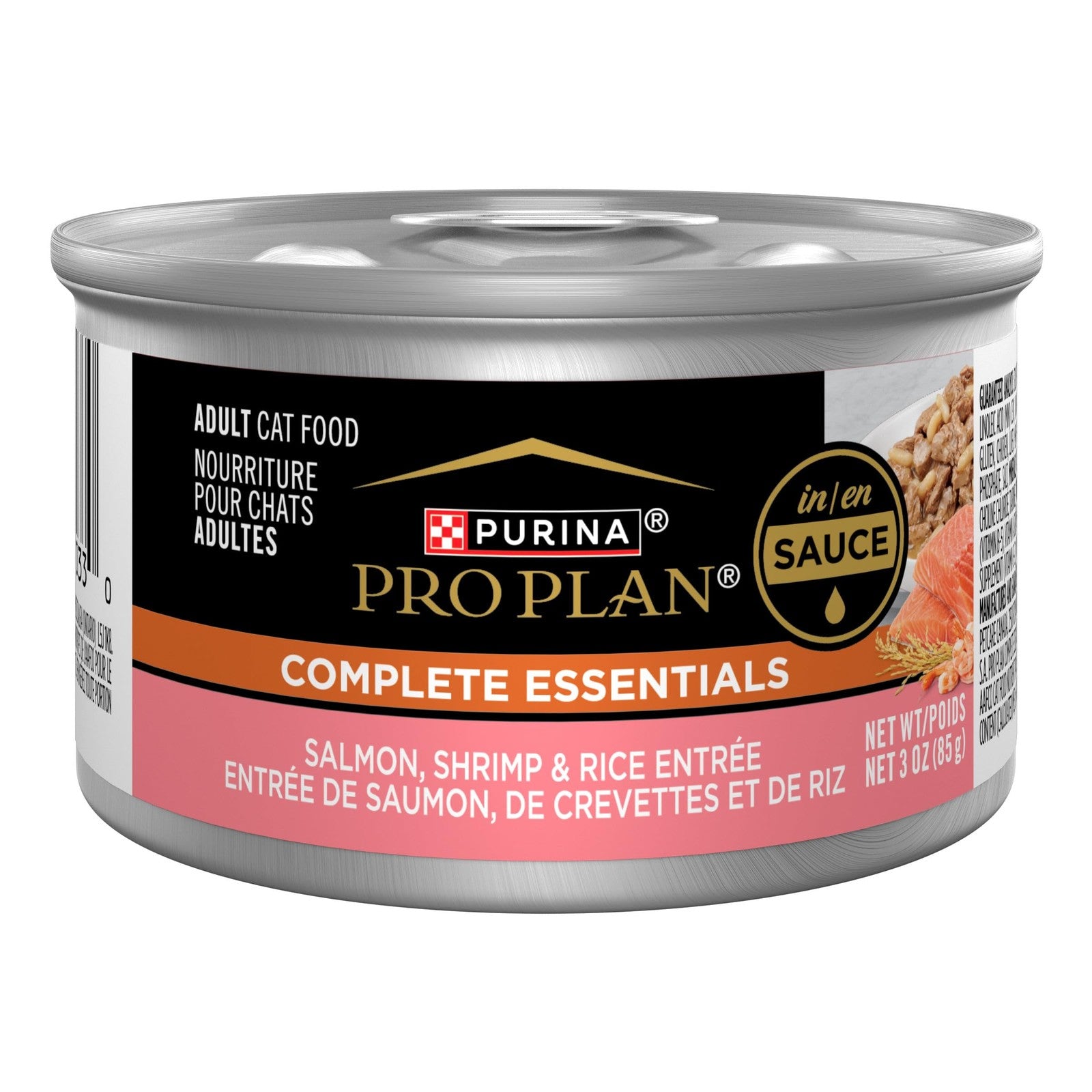 Purina Pro Plan wet cat food variety pack with salmon, shrimp, and rice pate in 3oz cans, shown in the image.