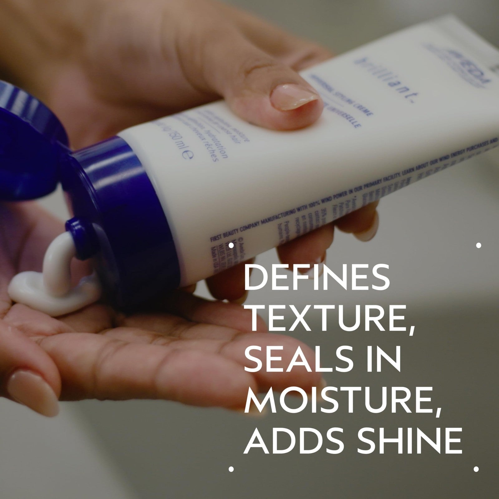 Aveda Brilliant Universal Styling Creme applied to hair, showcasing smooth, textured, and moisturized hair with a natural shine.