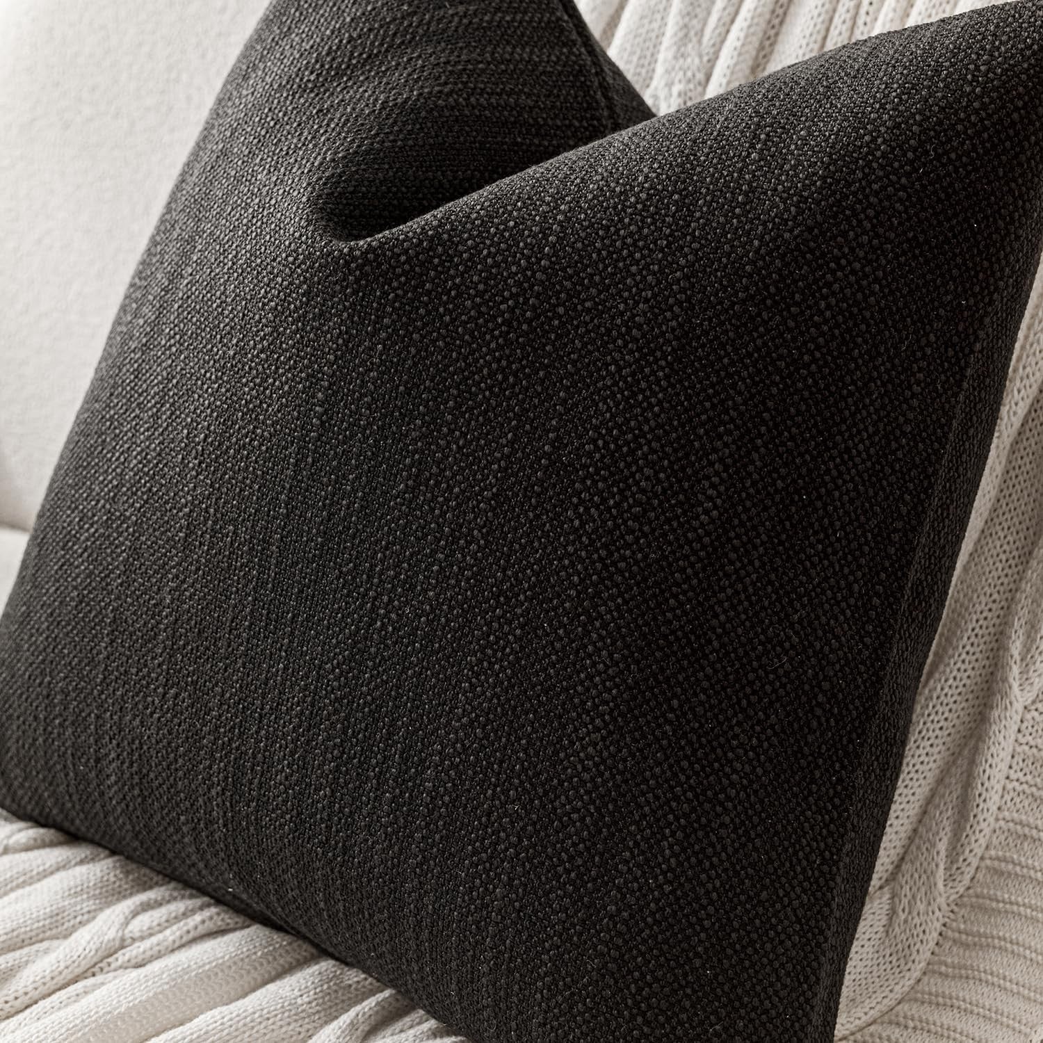 Foindtower set of 2 decorative textured burlap linen throw pillow covers with farmhouse style design on neutral fabric.