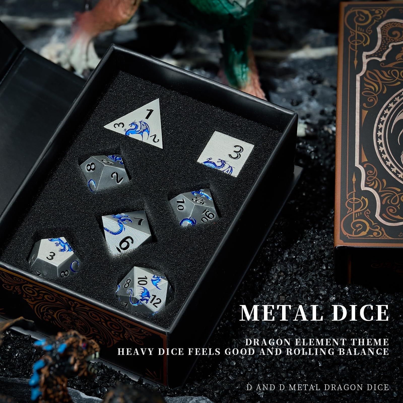 HNCCESG Blue Dragon metal D&D dice set with seven zinc alloy RPG dice for tabletop gaming and role-playing adventures.