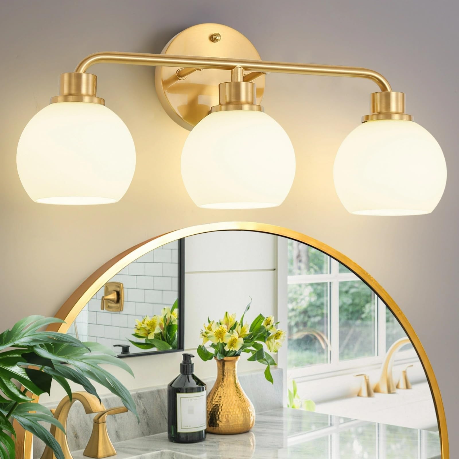 Watyo gold bathroom vanity light fixture with three wall sconces, modern bathroom lighting for elegant decor.