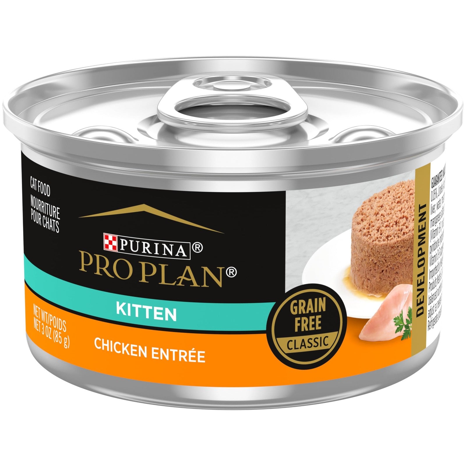 Cans of Purina Pro Plan grain-free pate wet kitten food with chicken entree, 24-pack, 3oz size, ready for feeding.