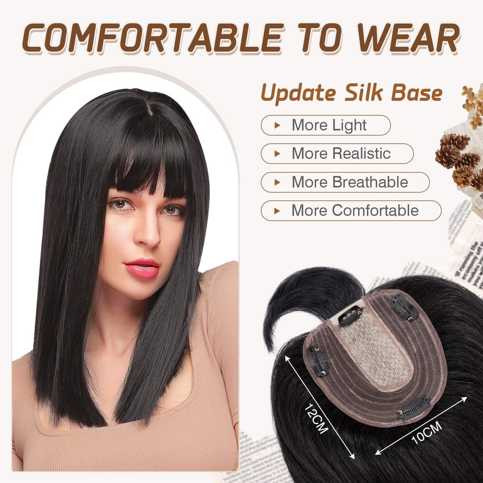 Rich Choices human hair topper for women with bangs, made from 100% Remy human hair, showing the realistic hairpiece on a model.