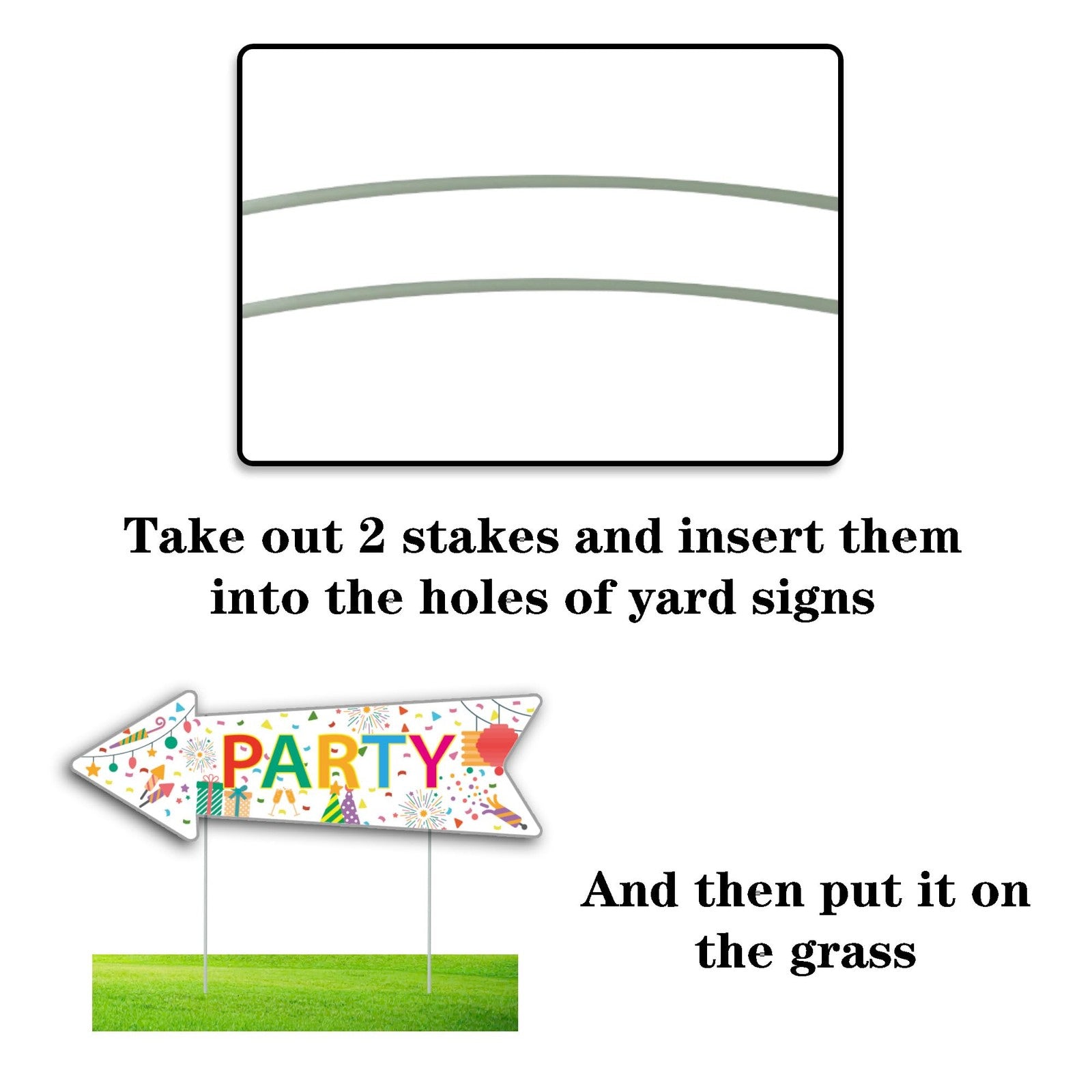 Double-sided party signs with stakes, 16x5 inches, made of corrugated material by WHWHW, displayed outdoors in the image.