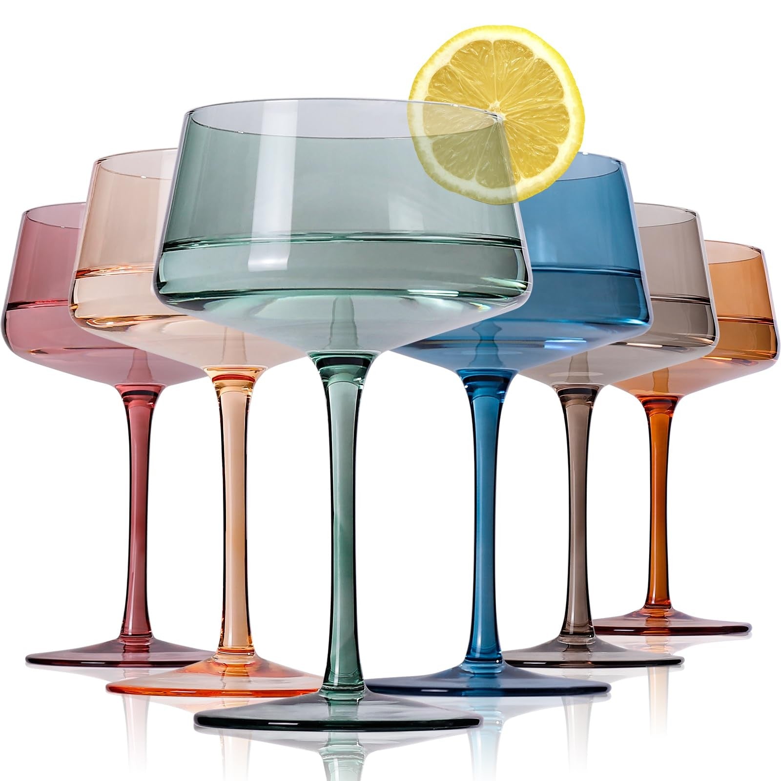 Set of six colorful JOVGANK coupe glasses, hand-blown 13oz martini glasses with vibrant, multicolor designs for stylish drinks.