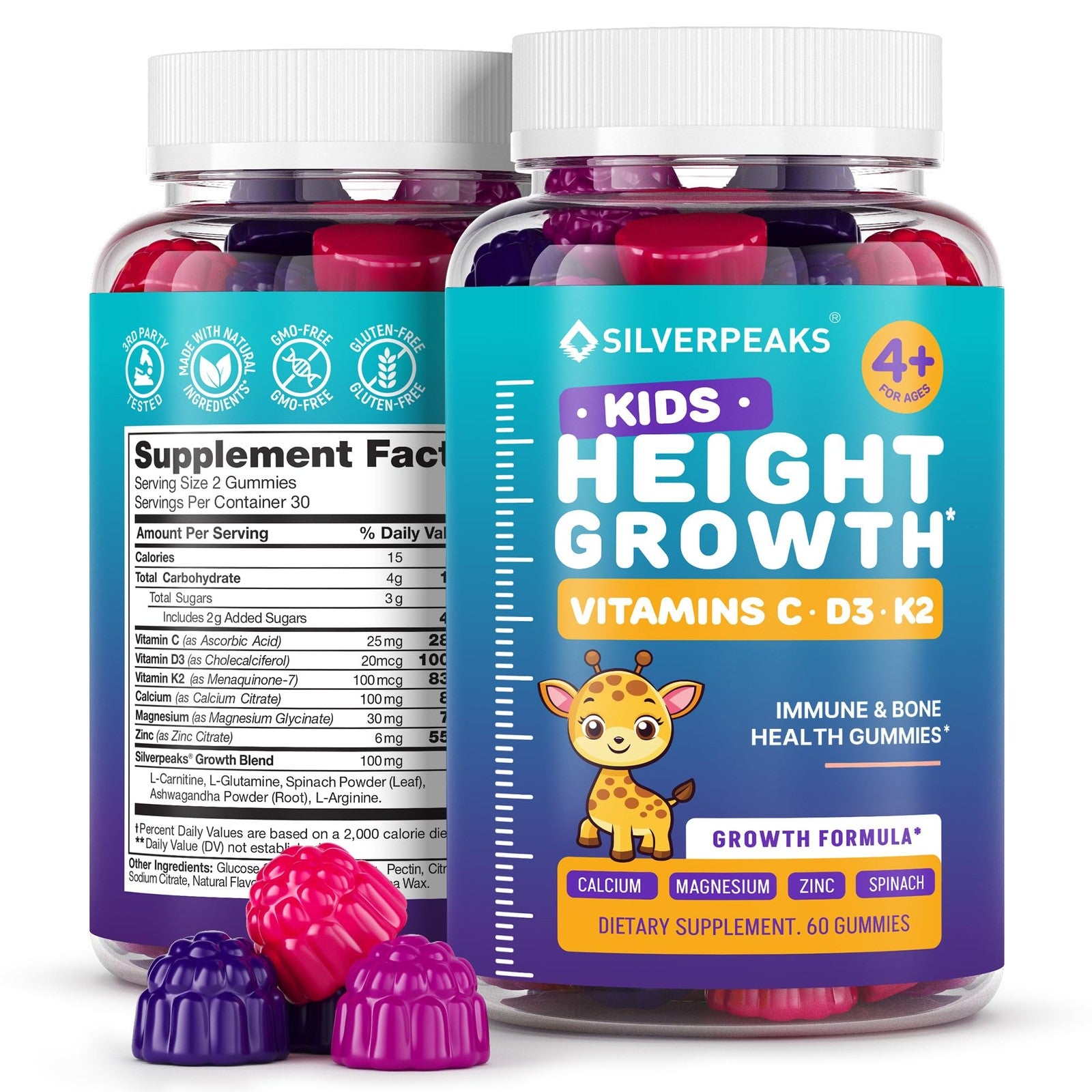 Silverpeaks Height Growth Gummies for Kids and Teens, chewable growth vitamins with multivitamins for height increase.