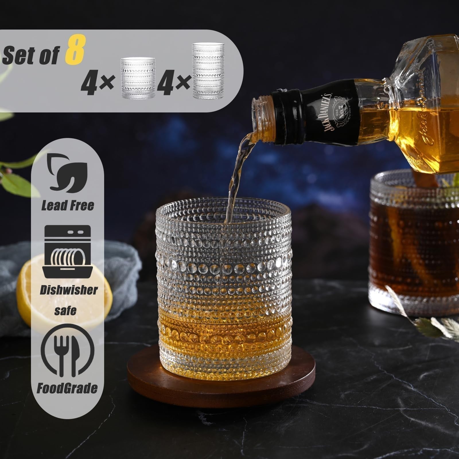Set of 8 VANKUTL hobnail drinking glasses with 12 oz capacity, clear glass cups featuring textured hobnail design.
