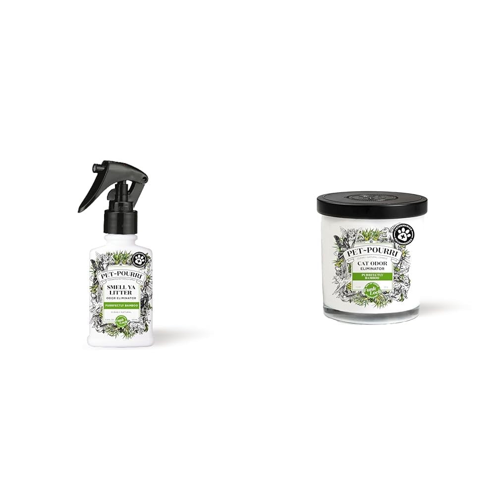 Poo-Pourri Pet-Pourri Purrfectly Bamboo cat odor freshener bundle with spray bottle and bamboo scent, designed to neutralize litter box smells.