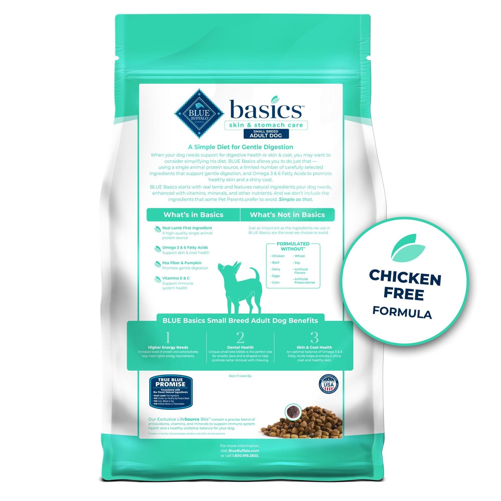 Blue Buffalo Basics grain-free small breed adult dog food bag with lamb and potato flavor, featuring kibble and natural ingredients.