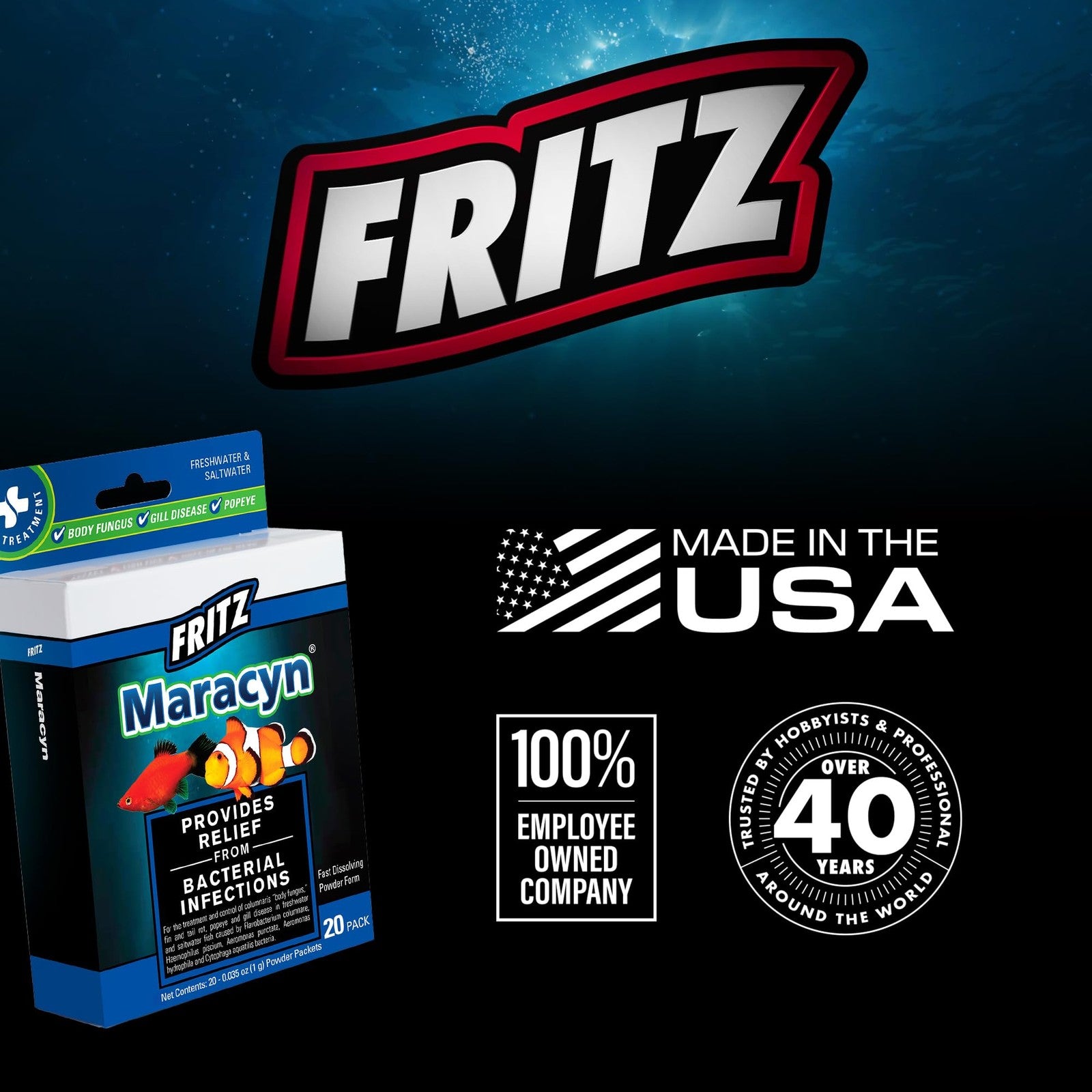 Fritz Maracyn bacteria infection treatment package with 20 doses, designed for freshwater and saltwater aquariums.