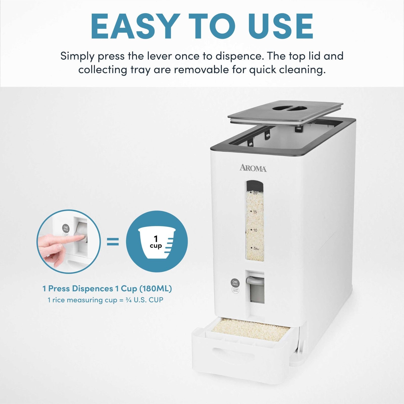 Aroma Housewares large white rice dispenser with 27lb capacity, measuring 7.25x16.5x16.5 inches, for kitchen storage.