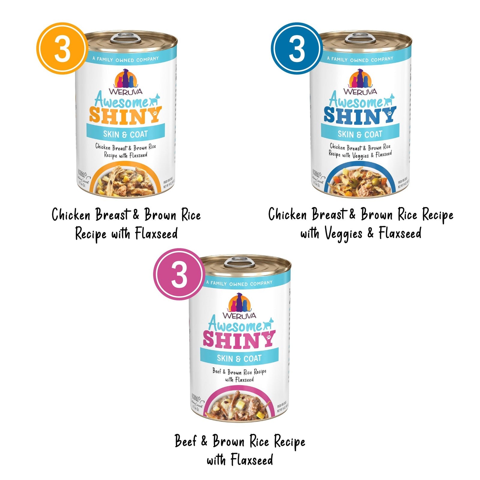 Weruva Awesome Shiny Wet Dog Food Coat Crusader variety pack with 14oz cans, featuring colorful labels and dog food inside
