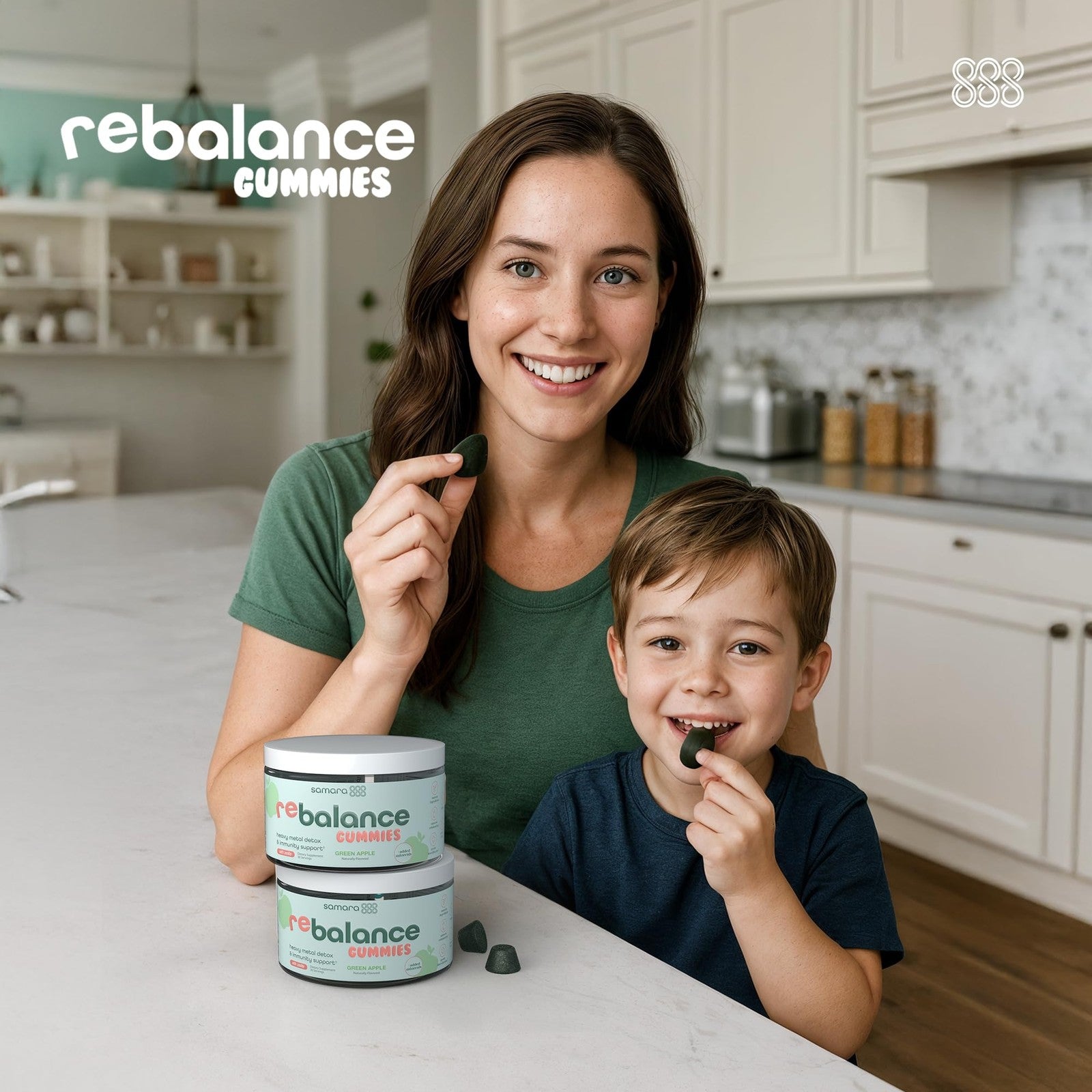 Samara 888 Zeolite Detox gummies for kids and adults, featuring heavy metal detox and chlorella, in colorful gummy form.