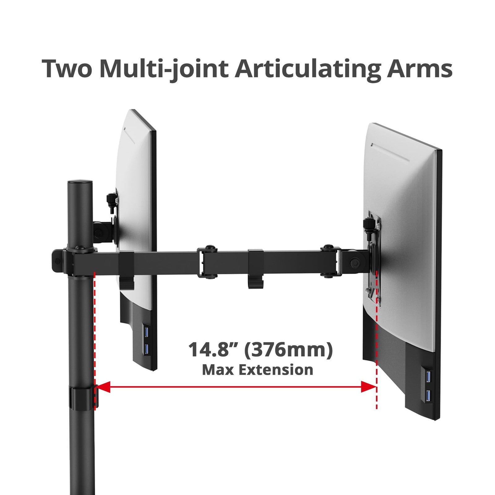 SIIG dual 32-inch articulating monitor arm in black holding two VESA screens, adjustable for ergonomic workspace setup