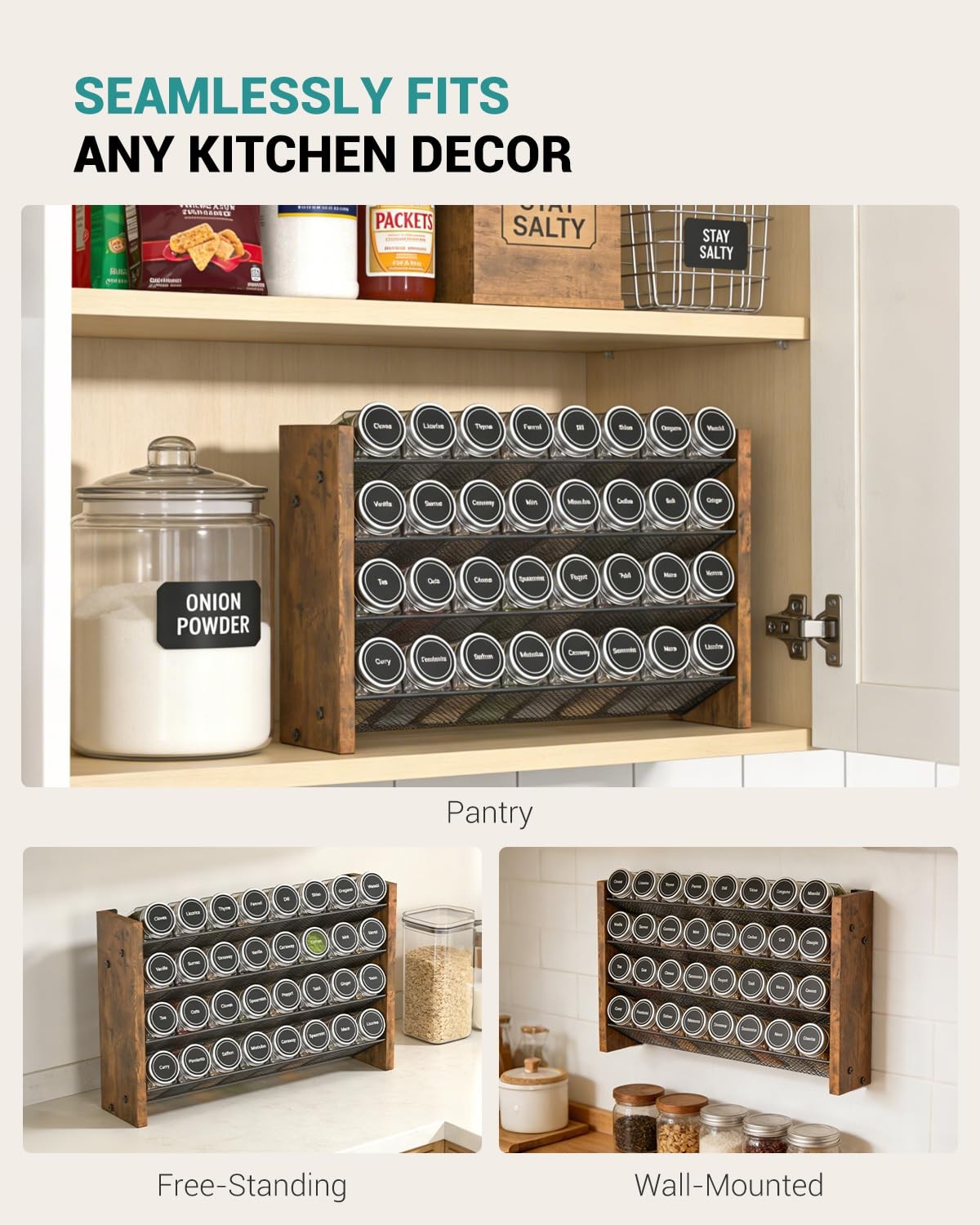 NESAPTO wooden 4-tier spice rack organizer mounted on kitchen wall with spices arranged on each shelf in a pantry cabinet.