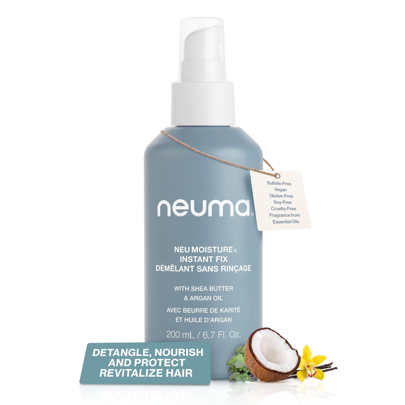 Neuma Neu Moisture Instant Fix leave-in hair treatment spray detangles and hydrates, shown in a 6.7 fl oz bottle.
