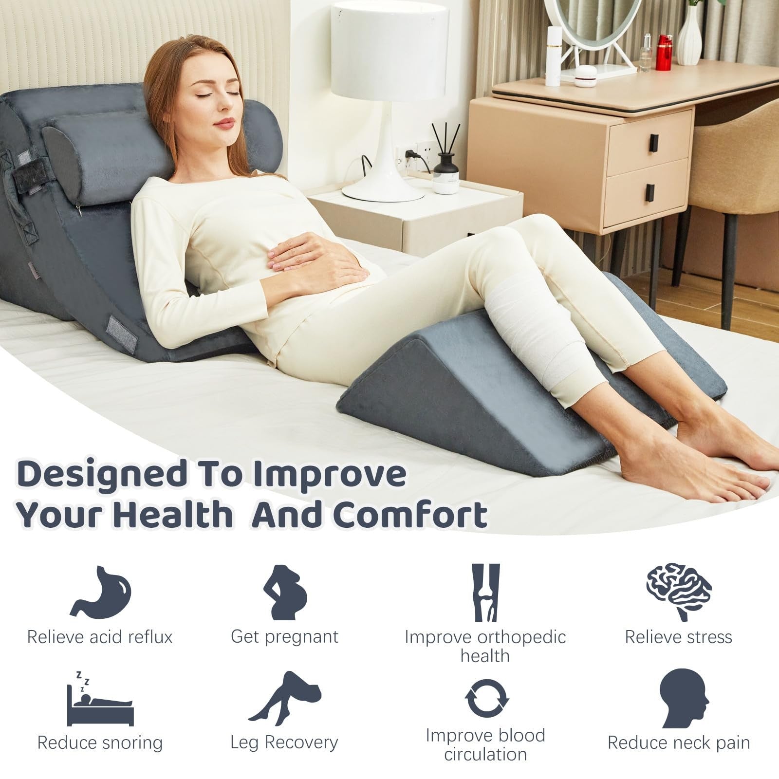 PIASHJOY 4-piece bed wedge pillow set for sleeping and acid reflux relief, showing comfortable foam wedge cushions.