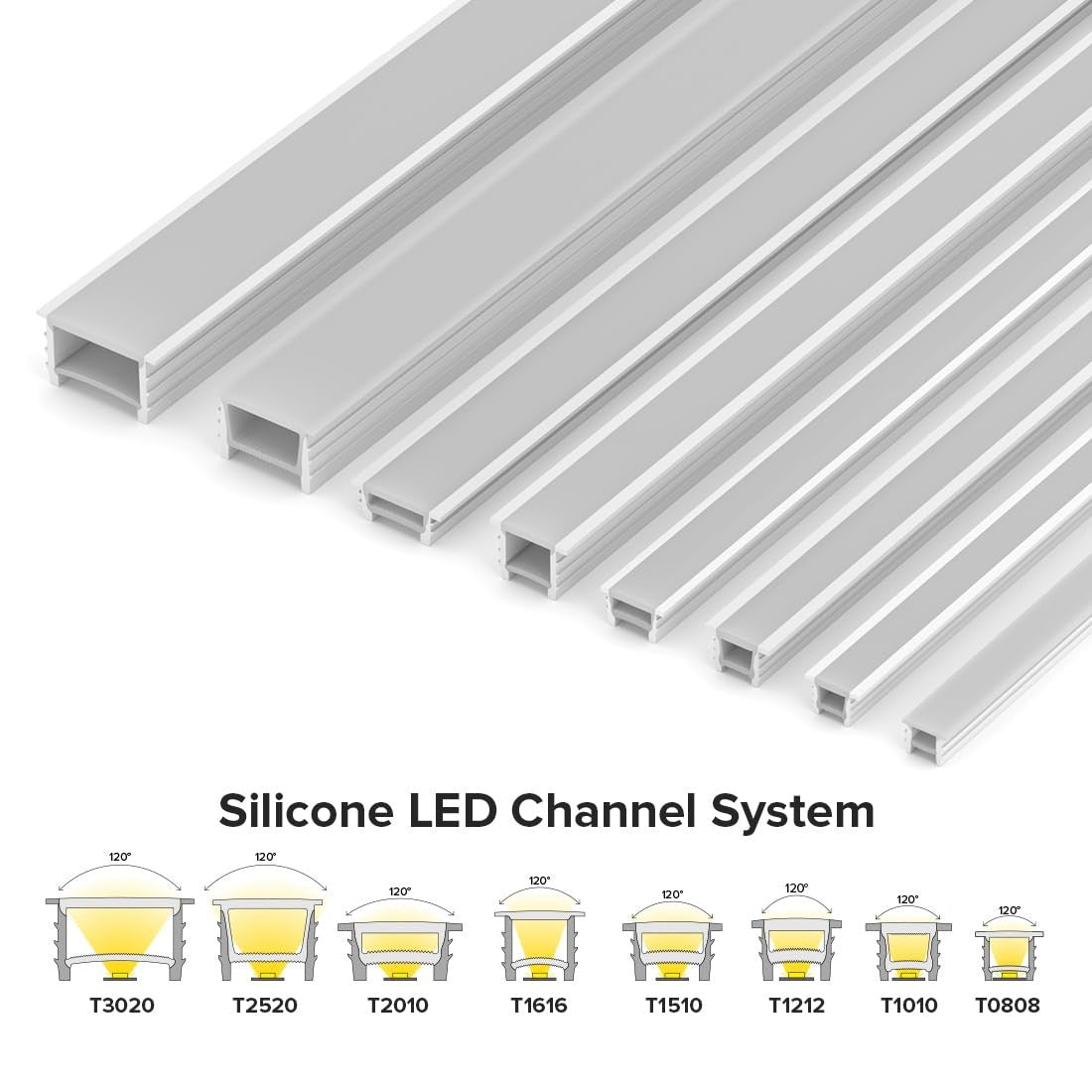 Silicone LED channel system from BTF-LIGHTING with 49.2ft flexible tube and milky white cover for LED strip lighting.
