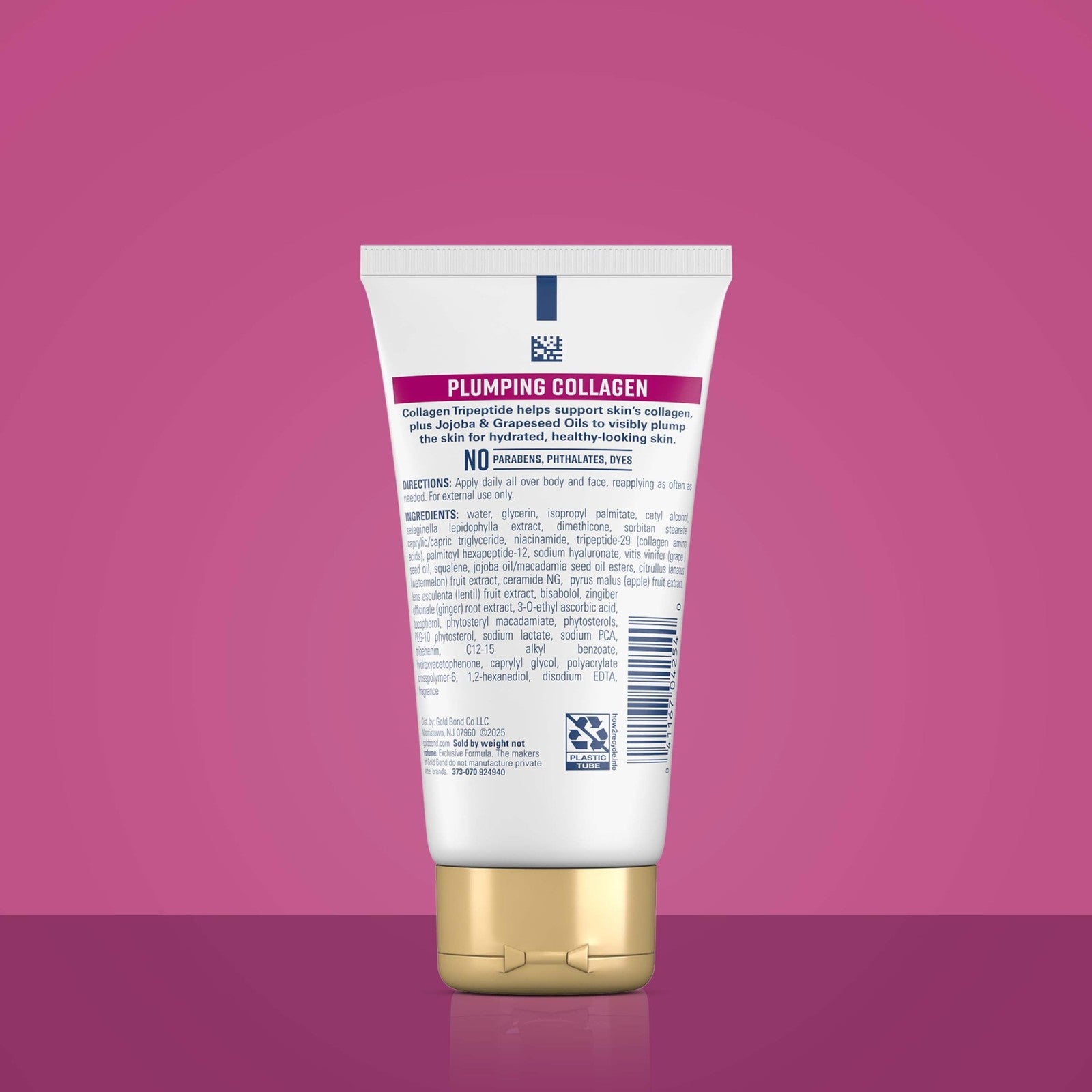 Gold Bond plumping collagen body and face serum lotion in a sleek bottle, lightweight and hydrating for smooth, radiant skin.