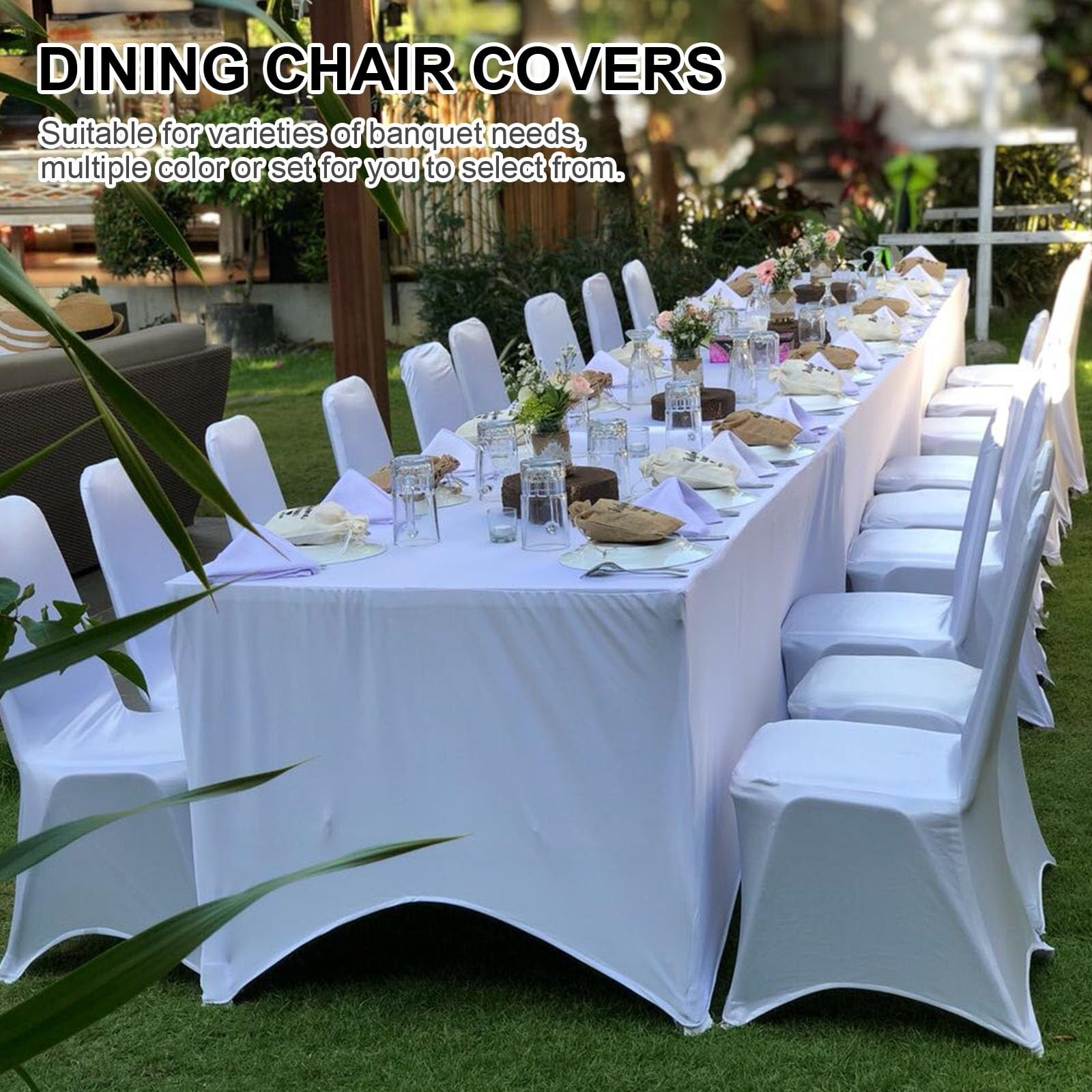 Set of 12 Trlyc Spandex folding chair covers, stretchy universal dining chair covers, shown fitted on chairs in a dining setting.