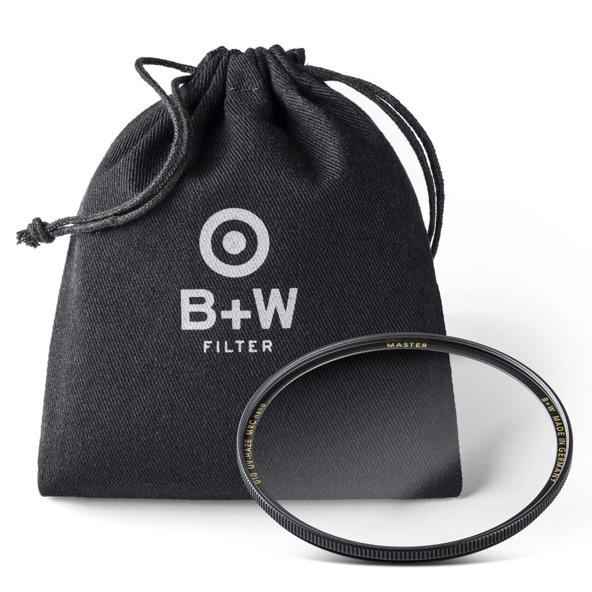 B+W 43mm Master UV Haze MRC Nano glass filter for lens protection, showing the clear, coated filter with branding details.
