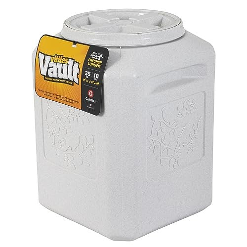 Gamma2 Vittles Vault bird seed storage container showing a large, airtight plastic bin with a scoop and label for dry pet food.