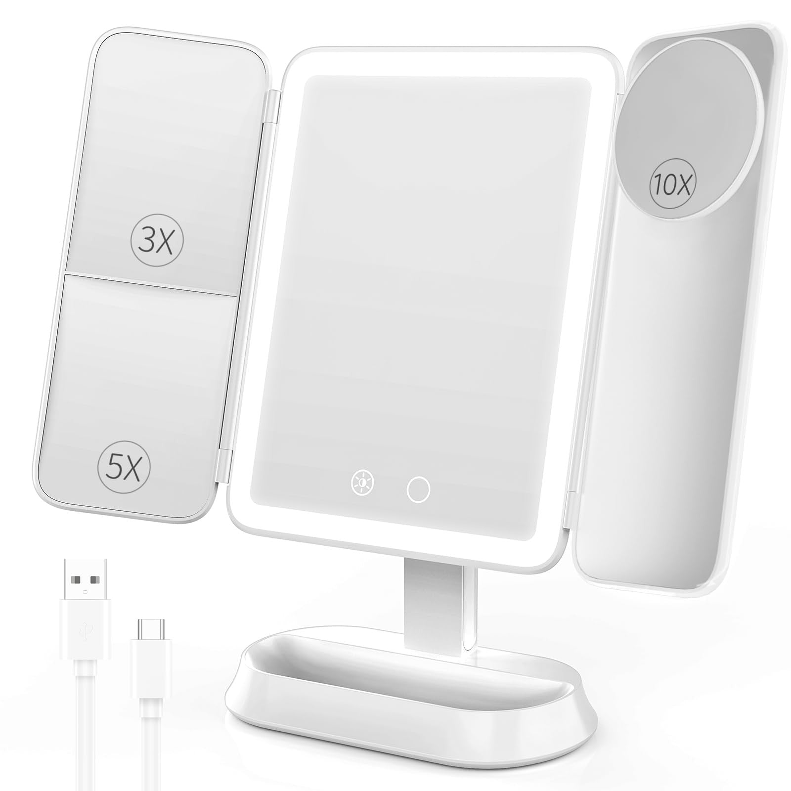 FRANO makeup mirror with LED lights, rechargeable, featuring 2X, 3X, and 10X magnification, showing illuminated mirror surface.