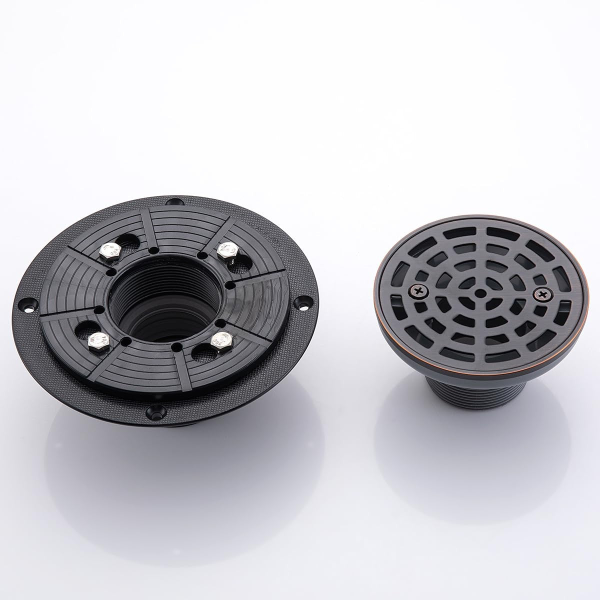 Round stainless steel shower drain with oil-rubbed bronze finish, SUS304 material, featuring a sleek, durable design for modern bathrooms.
