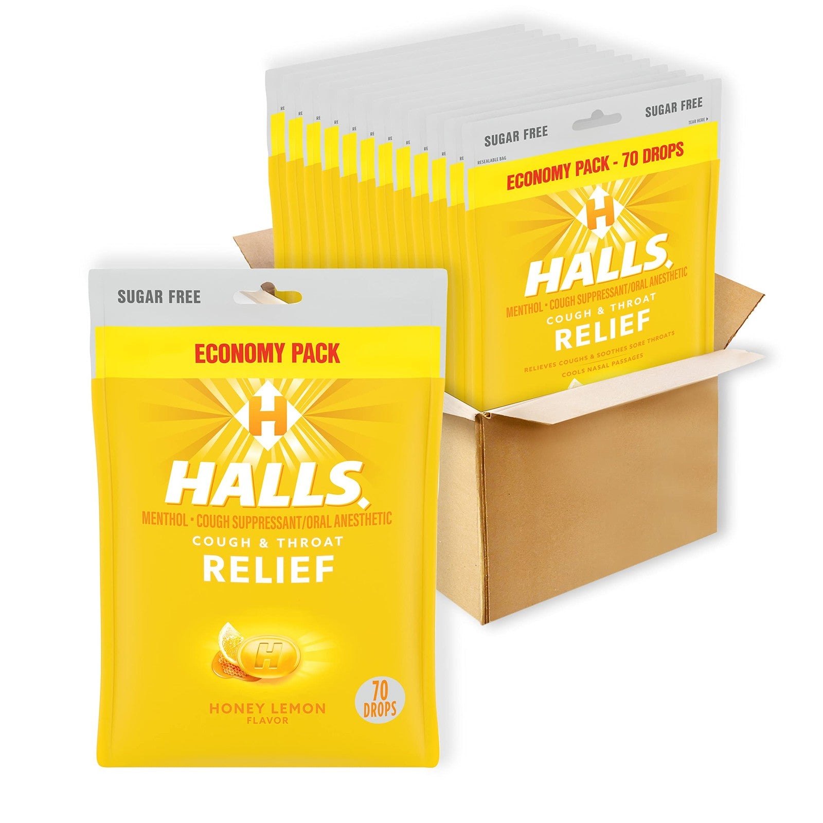 HALLS Relief Honey Lemon sugar-free cough drops in a 12-pack economy box, showing individual drops with honey lemon flavor.