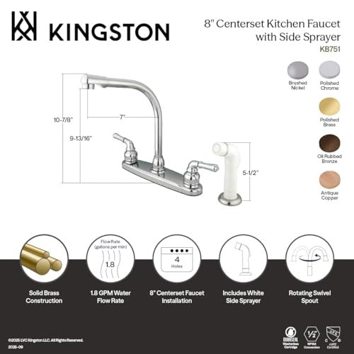 Kingston Brass KB758 high arch kitchen faucet with white sprayer, 7-inch brushed nickel finish, modern design and durable construction.