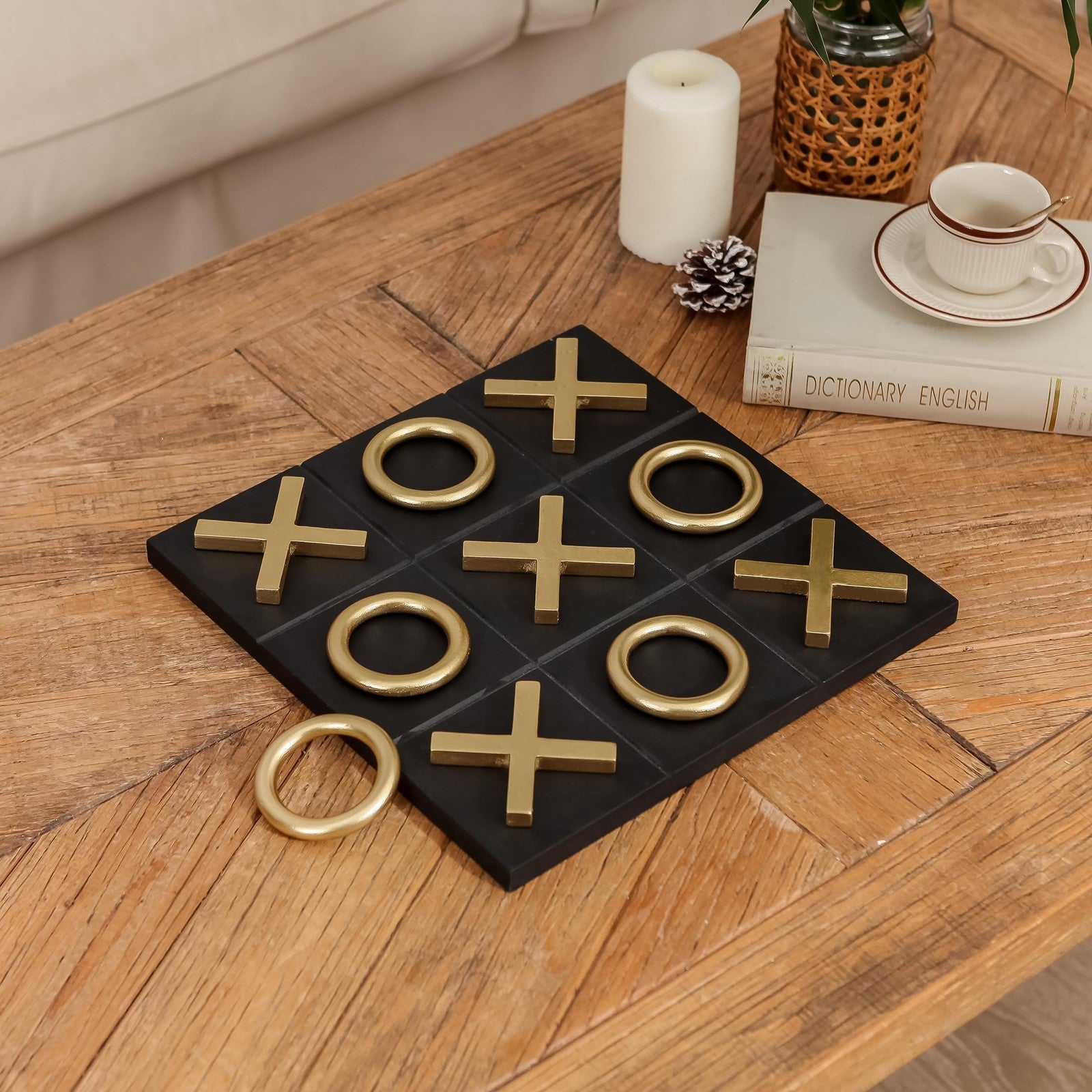 NIKKY HOME 12x12 inch wooden Tic Tac Toe game board with modern coffee table decor design, featuring a natural wood finish.