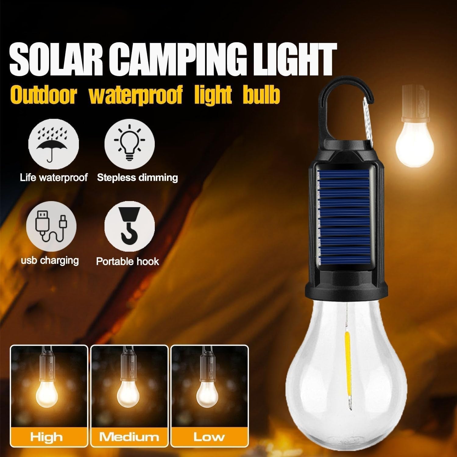 Set of five MODOAO LED camping lanterns with USB rechargeable and solar-powered tents lights for outdoor use.