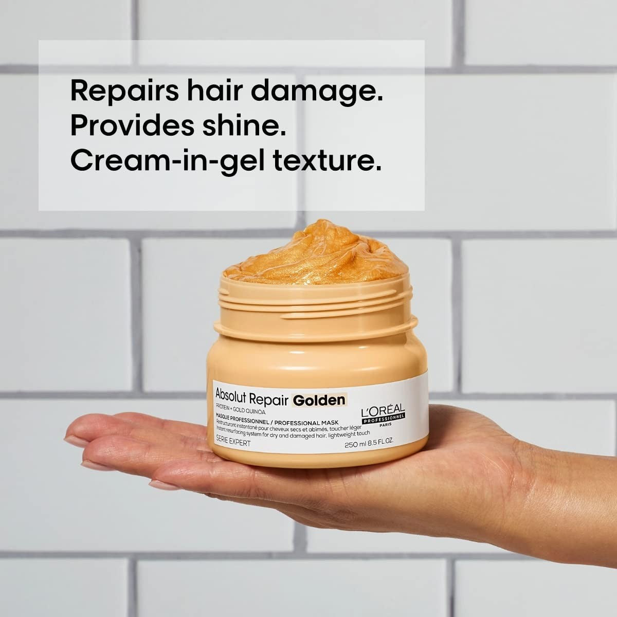 L'Oréal Professionnel Absolut Repair Golden Mask for damaged hair, creamy hair treatment with golden color and nourishing formula.