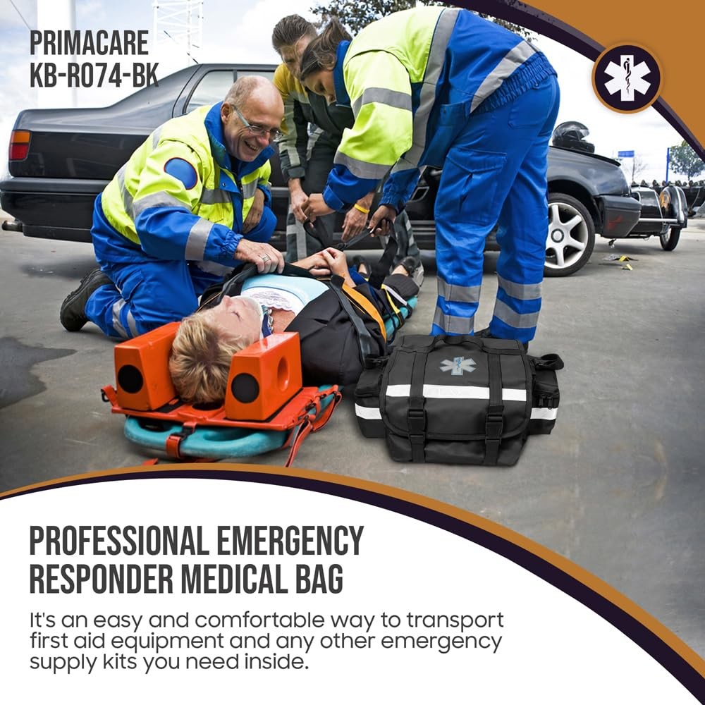 Primacare First Responder Trauma Bag in black with medical supplies, 17x9x7 inches, designed for EMT and EMS emergency use.