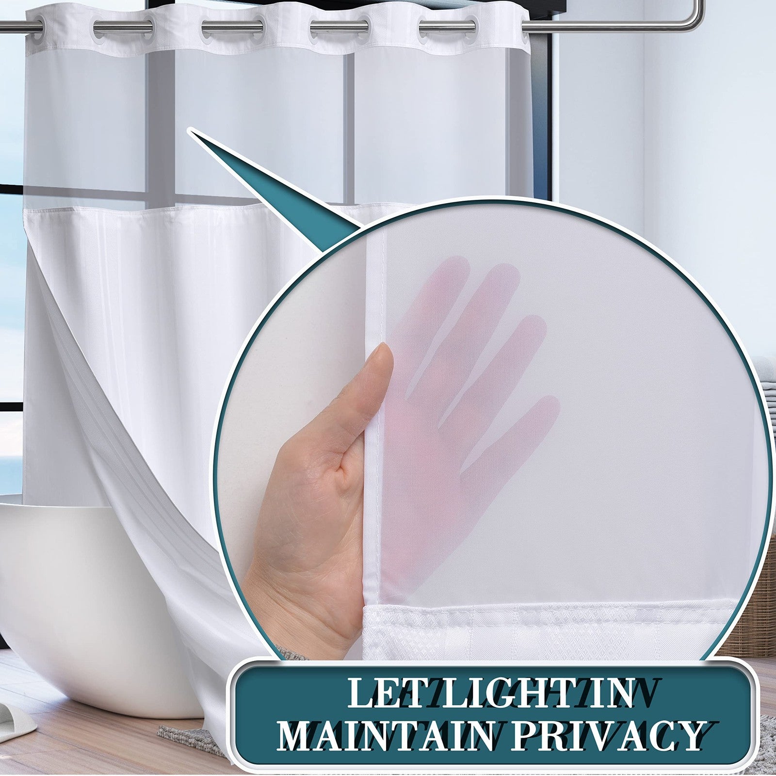 Extra long waffle weave shower curtain and snap-in liner set with no hooks, featuring a textured fabric design for bathroom decor.
