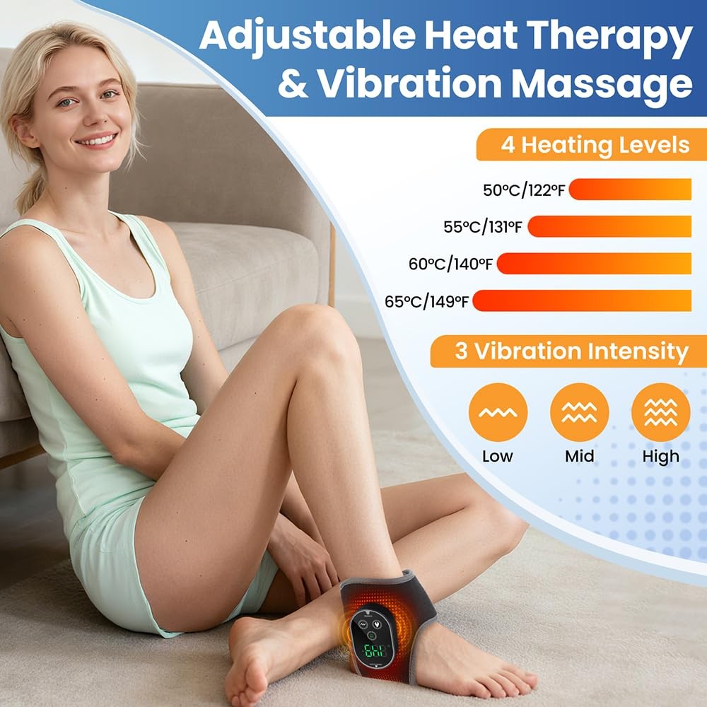 BETOLEAN foot and ankle massager with heat function, showing the device wrapped around a person's ankle for pain relief.