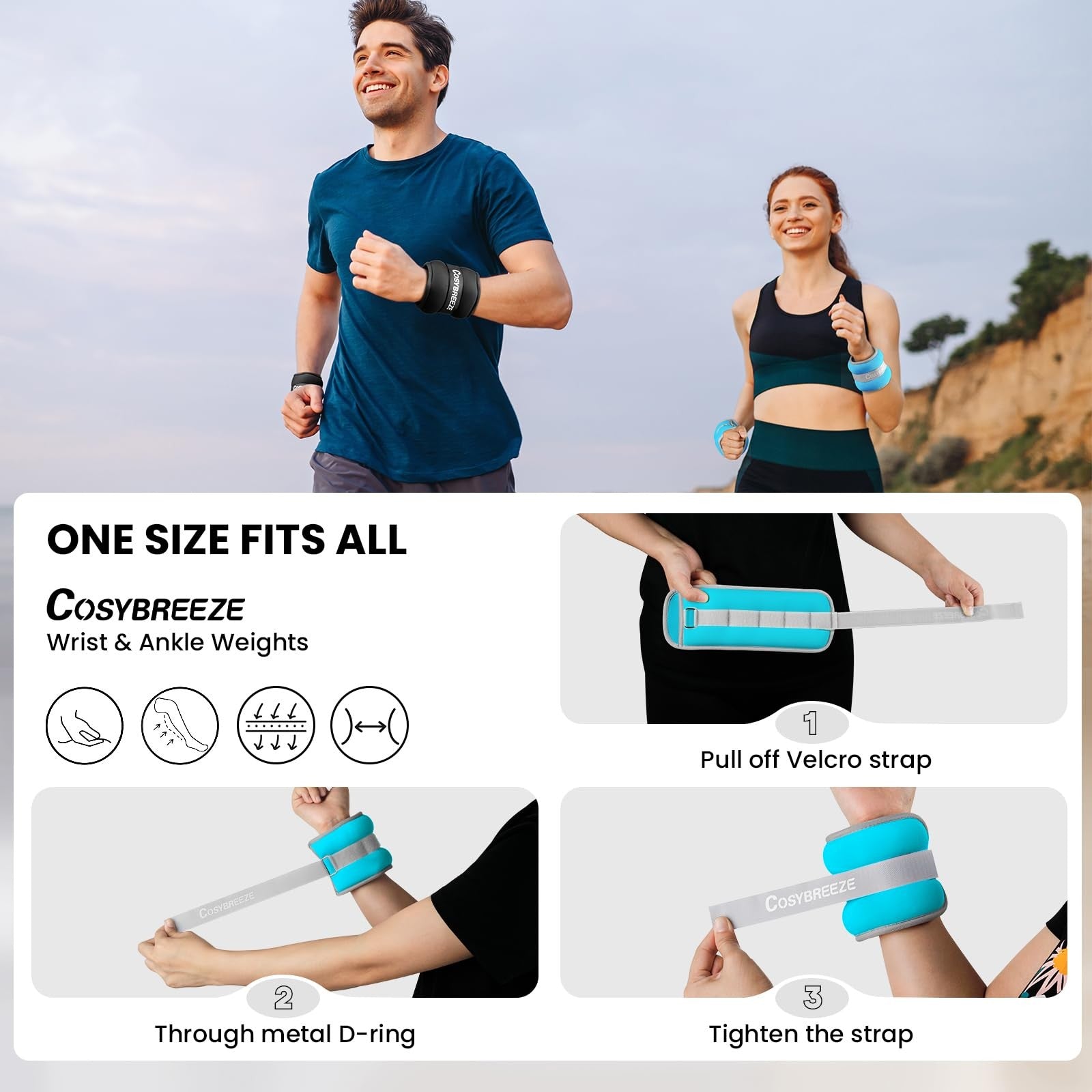 Pair of Cosybreeze 10LB ankle and wrist weights for women and men, showing adjustable straps and padded interior for leg and arm exercise.