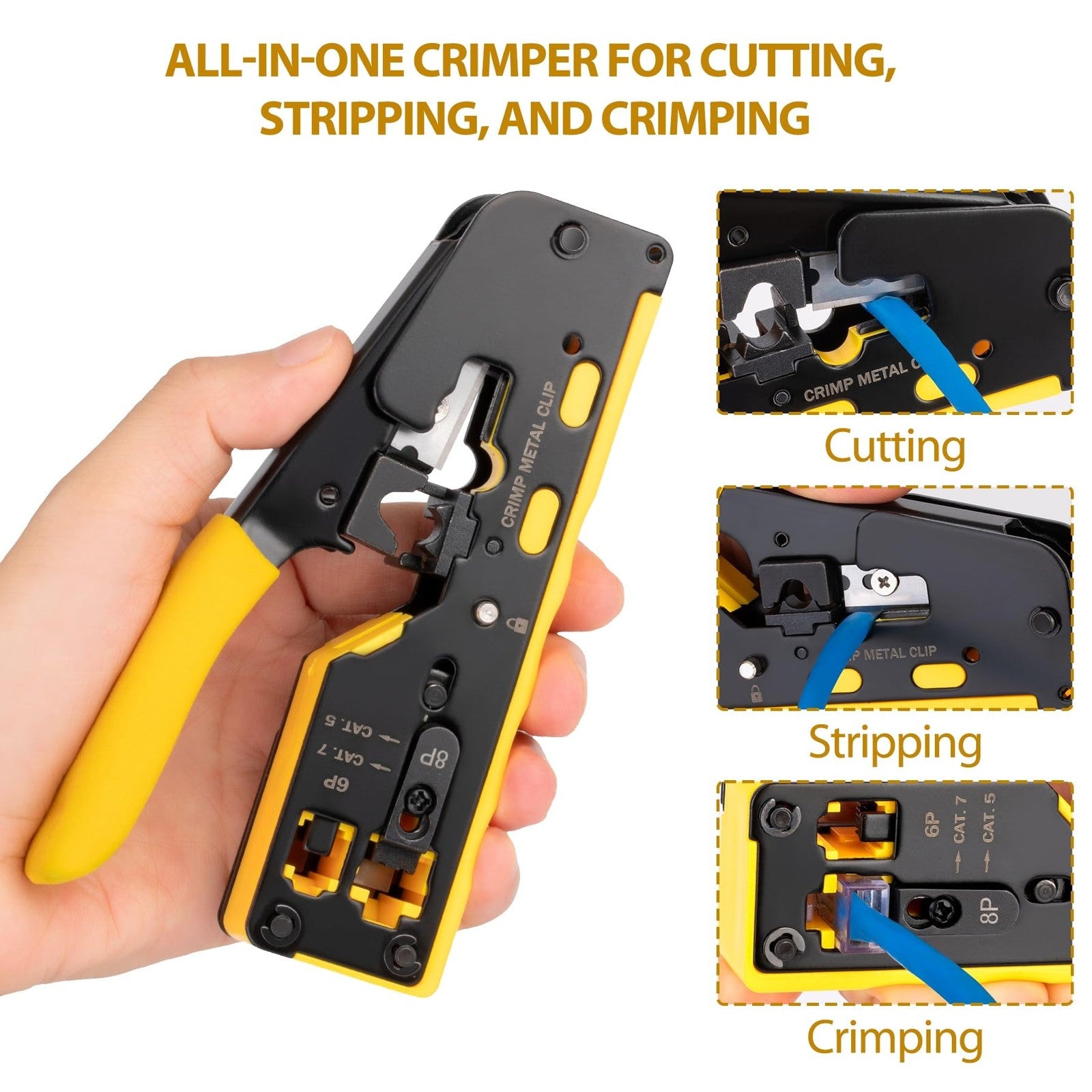 WEETOTUNG RJ45 Crimp Tool Pass Through Kit for Ethernet cables, showing the professional crimping tool and accessories.