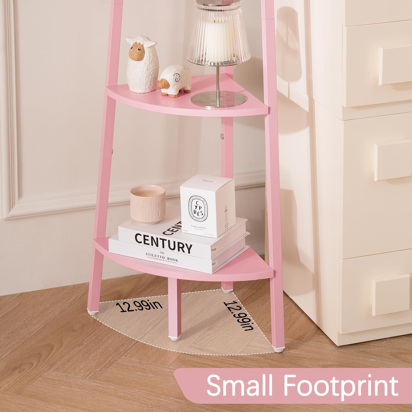 Yoobure 5-tier corner bookshelf with metal frame and ladder design, showcasing organized wooden shelves in a modern corner setup.