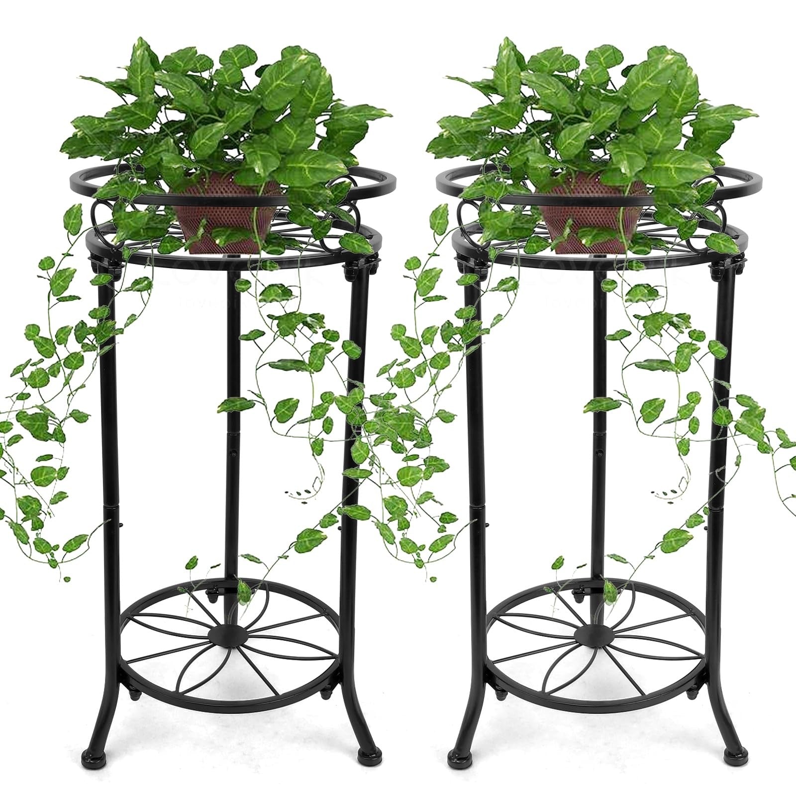 YHIJURS 2-pack 20.3-inch metal plant stands with 2 tiers, suitable for indoor and outdoor use, showcasing tall, stylish plant display.