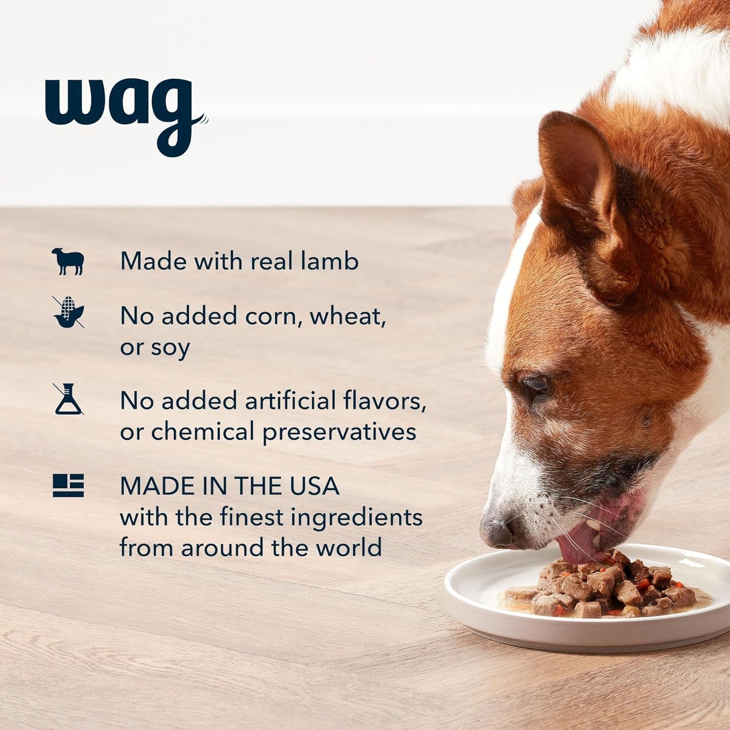 WAG Wet Dog Food Stew with lamb, vegetables, and gravy in a 13.2oz can, shown with a full pack of 12 cans.