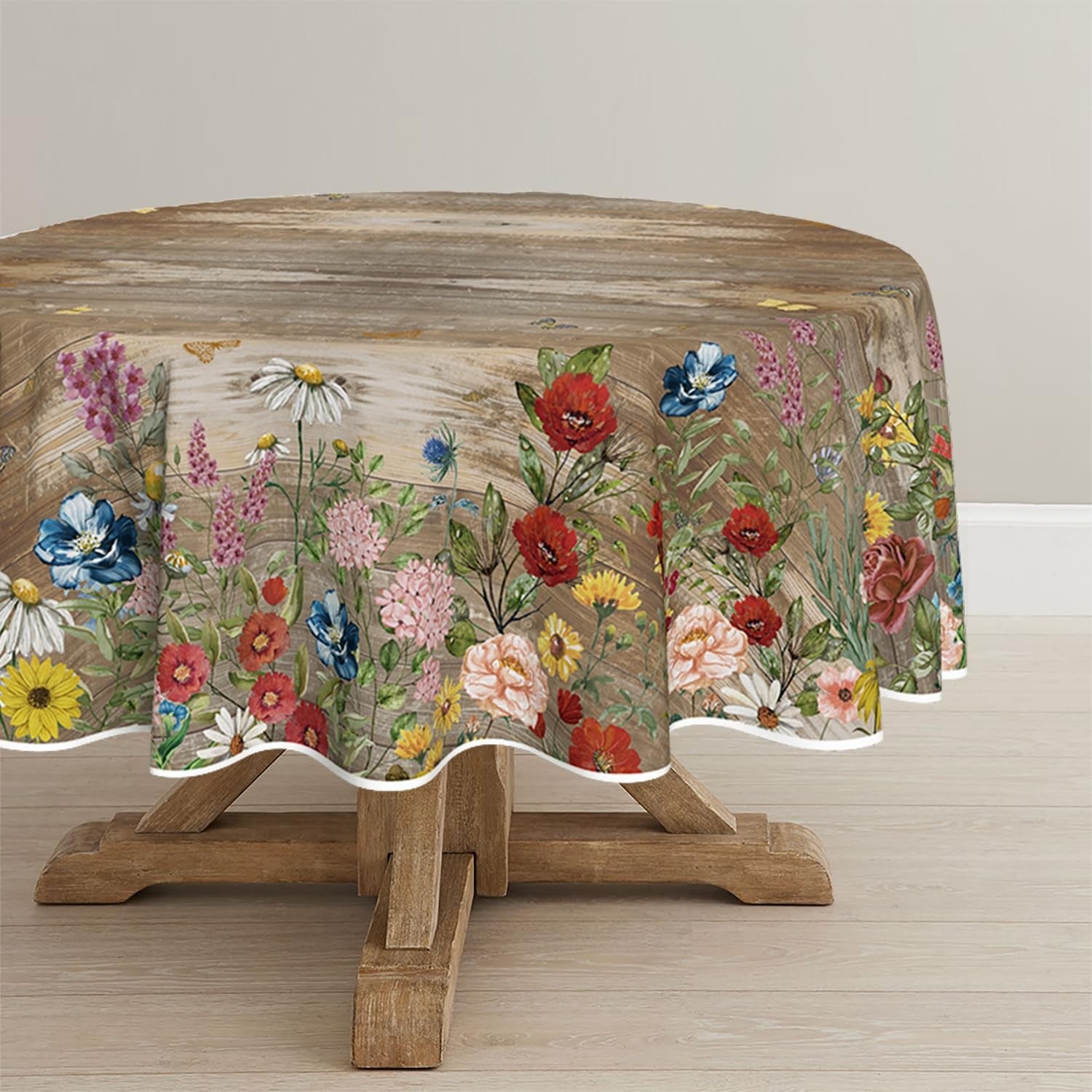 Horaldaily spring round tablecloth with brown wood grain and floral design, 90x90 inches, washable and suitable for dining tables