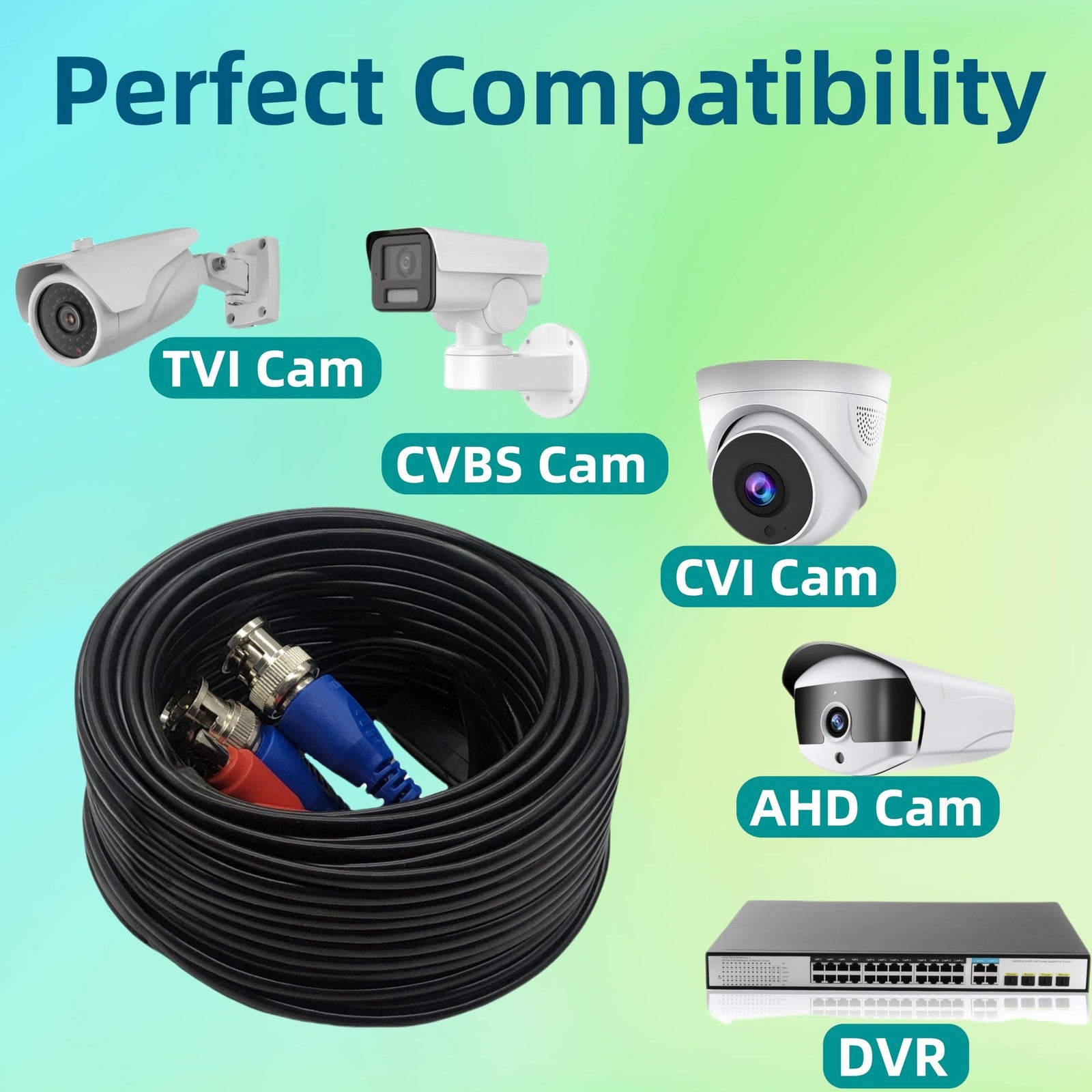 LETONDA 4-piece 100ft BNC video power cable extension for security cameras, showing coiled cables with connectors