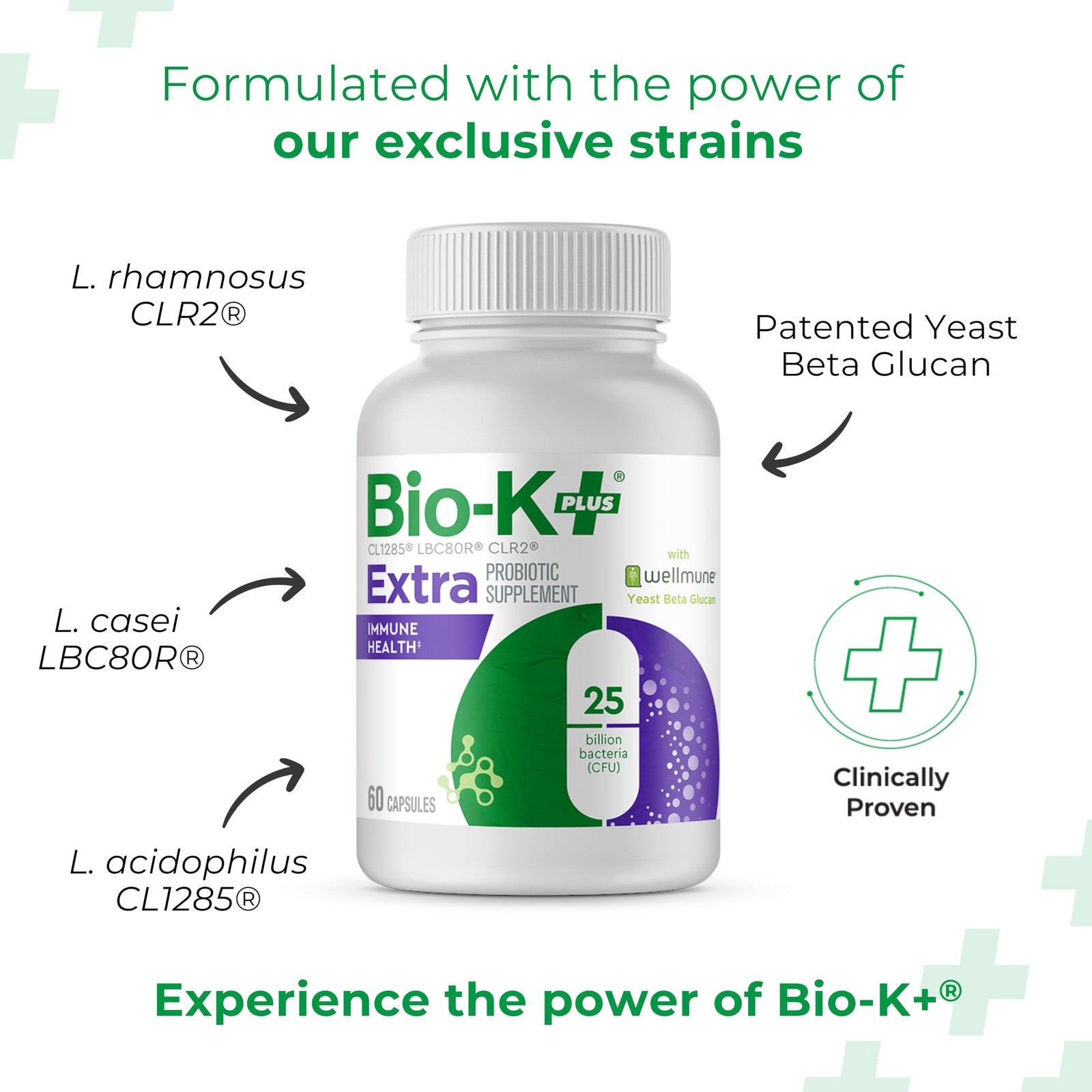 Bio K+ Vegan Probiotics supplement bottle with label showing 25 billion CFUs and Wellmune for immune health.