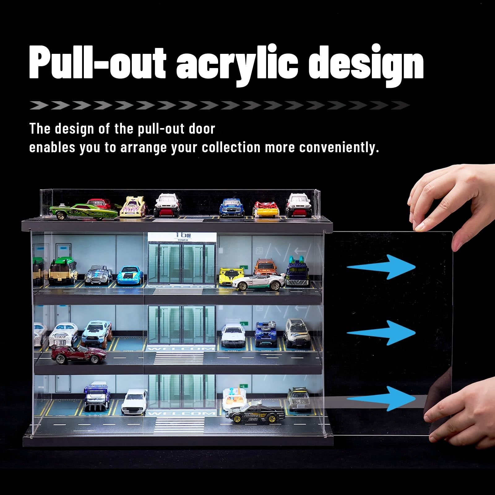 GALUMO 1/64 scale display case for Hot Wheels and Matchbox cars with LED lighting, showcasing collectible cars in a clear acrylic enclosure.
