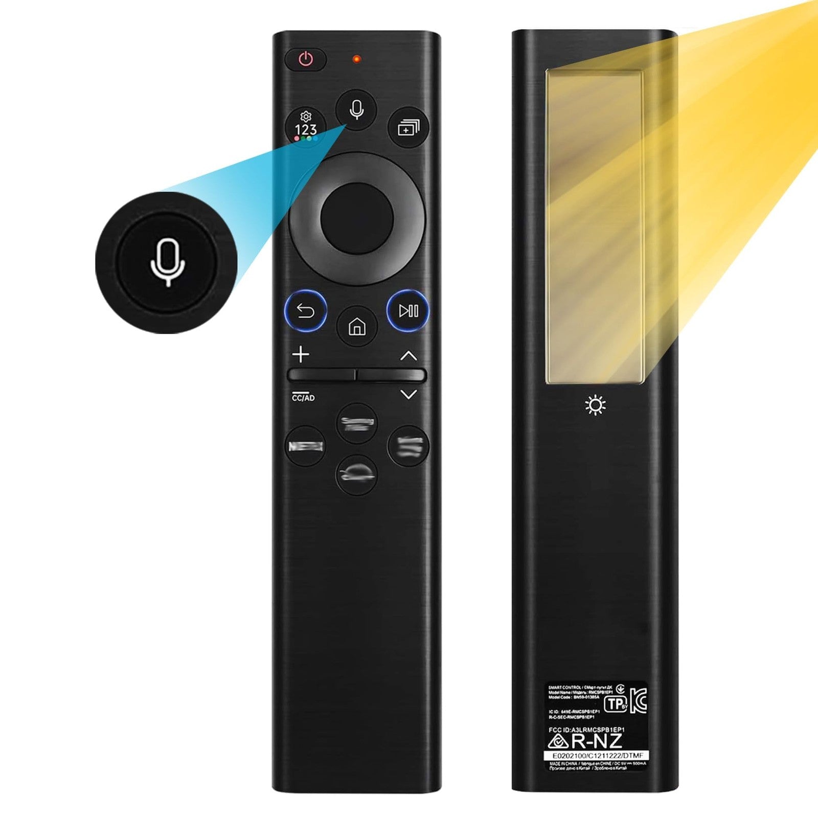 FonPeak Samsung Solar Voice TV remote control for Neo QLED The Frame Crystal, featuring voice command buttons and eco-friendly solar charging