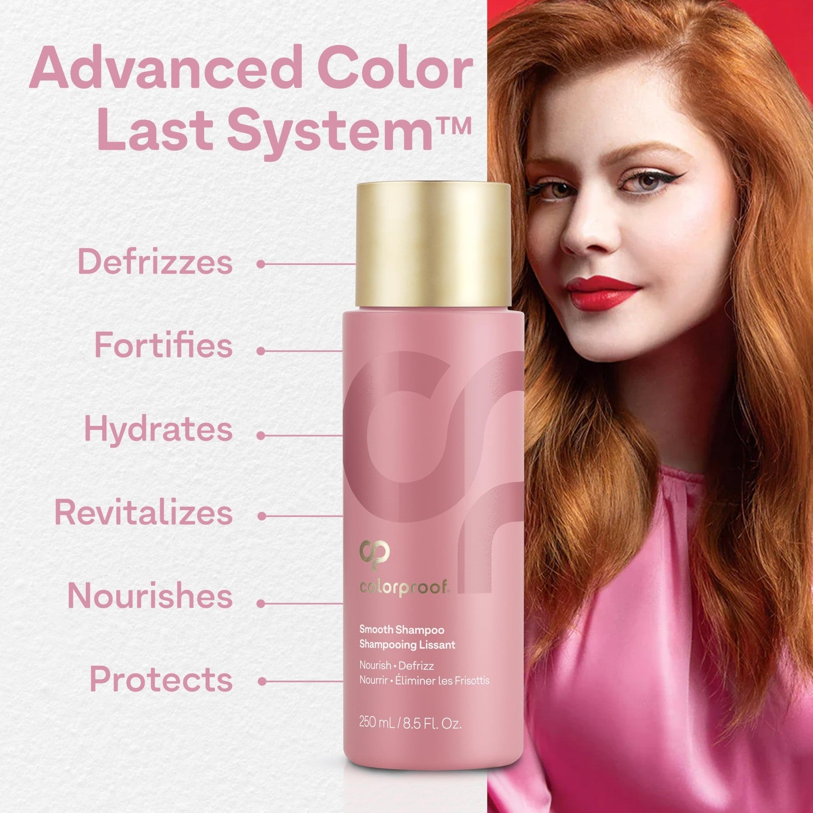 ColorProof Smooth Shampoo in 8.5 oz bottle, creamy formula with a sleek pump dispenser, designed for smooth, shiny hair.