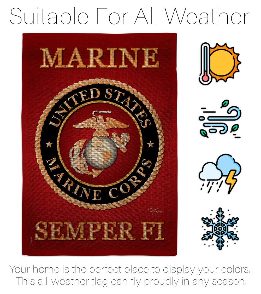 Marine Corps burlap garden flag from Breeze Decor with USMC emblem, displayed on a garden stand, honoring armed forces.