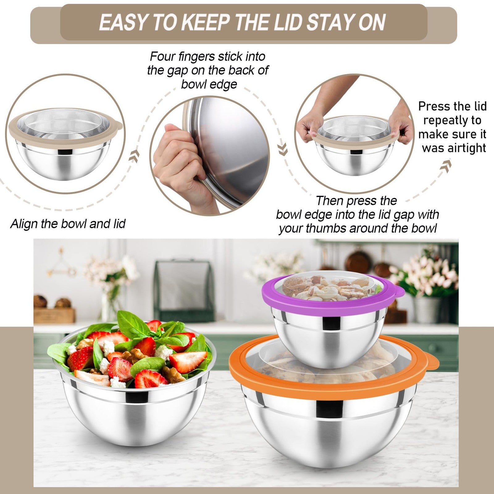 Set of 7 stainless steel P&P CHEF mixing bowls with lids, nesting design for salads, baking, and food prep.