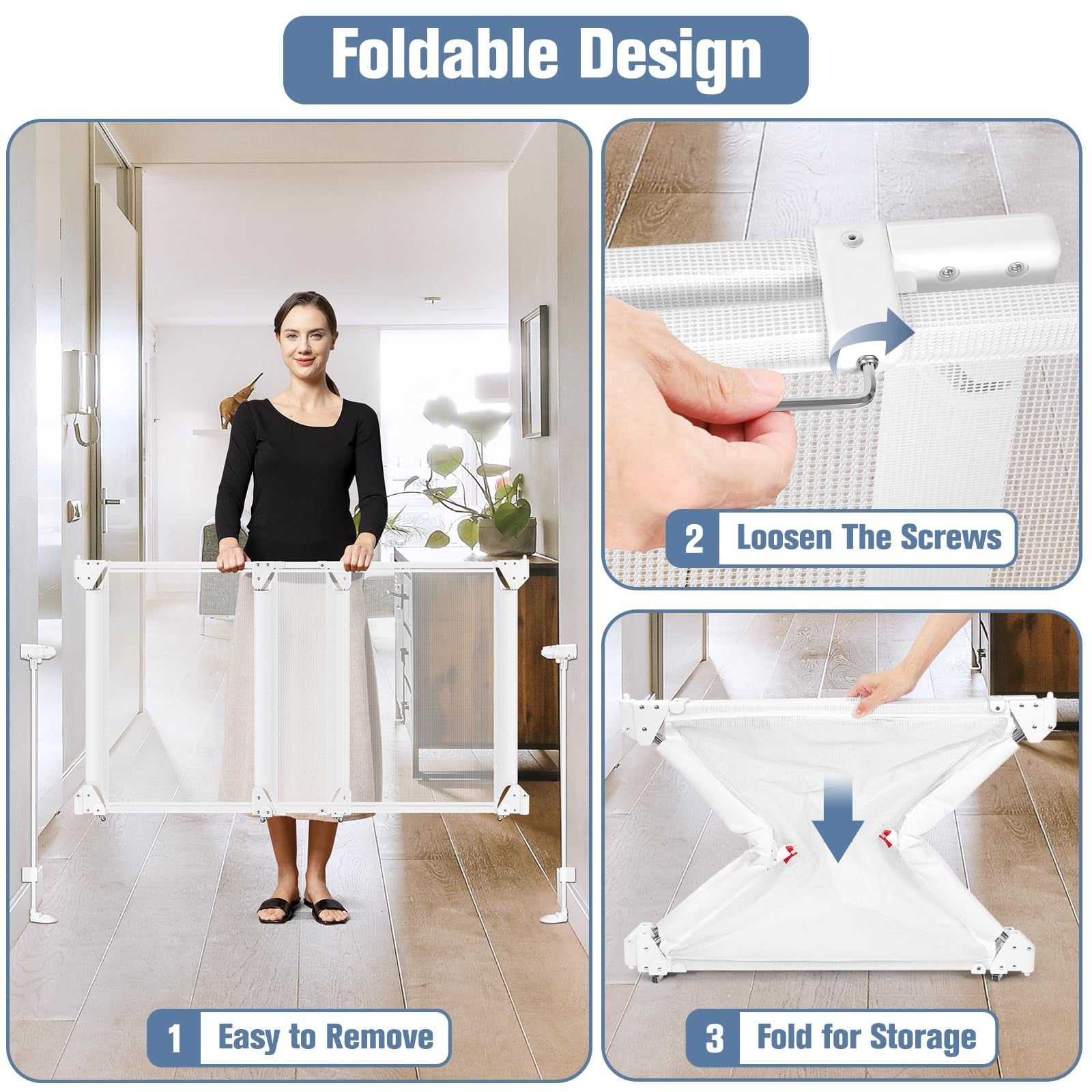 Adjustable Bingguz no bottom bar baby gate for stairs, 34-55 inches wide, with large walk-through opening and safety features.